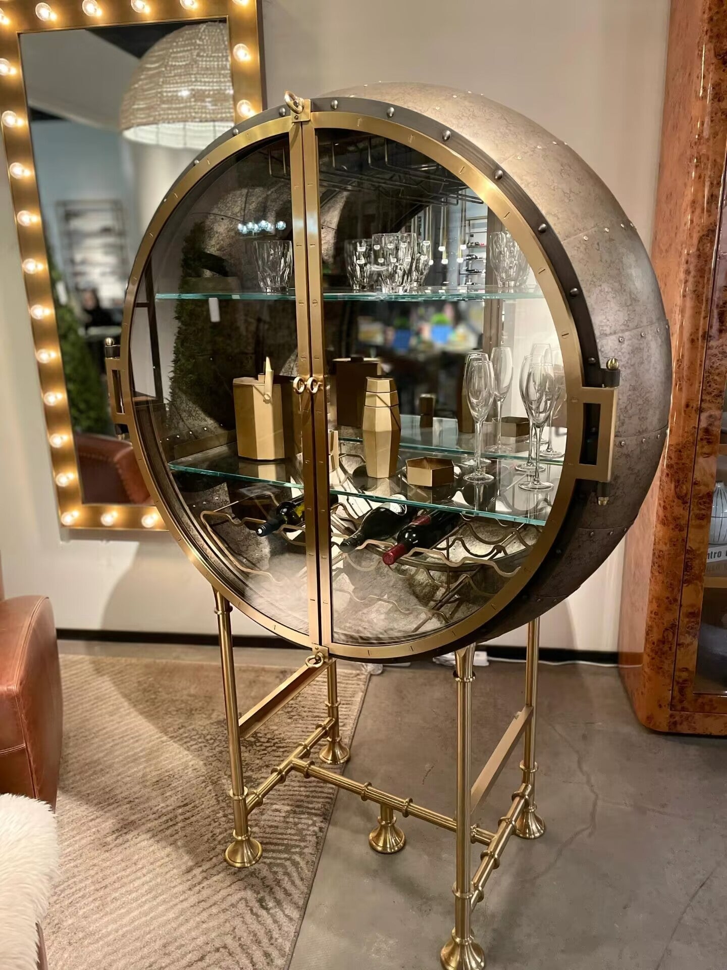 Porthole High-End Irregular Metal Glass Customize Wine Cabinet