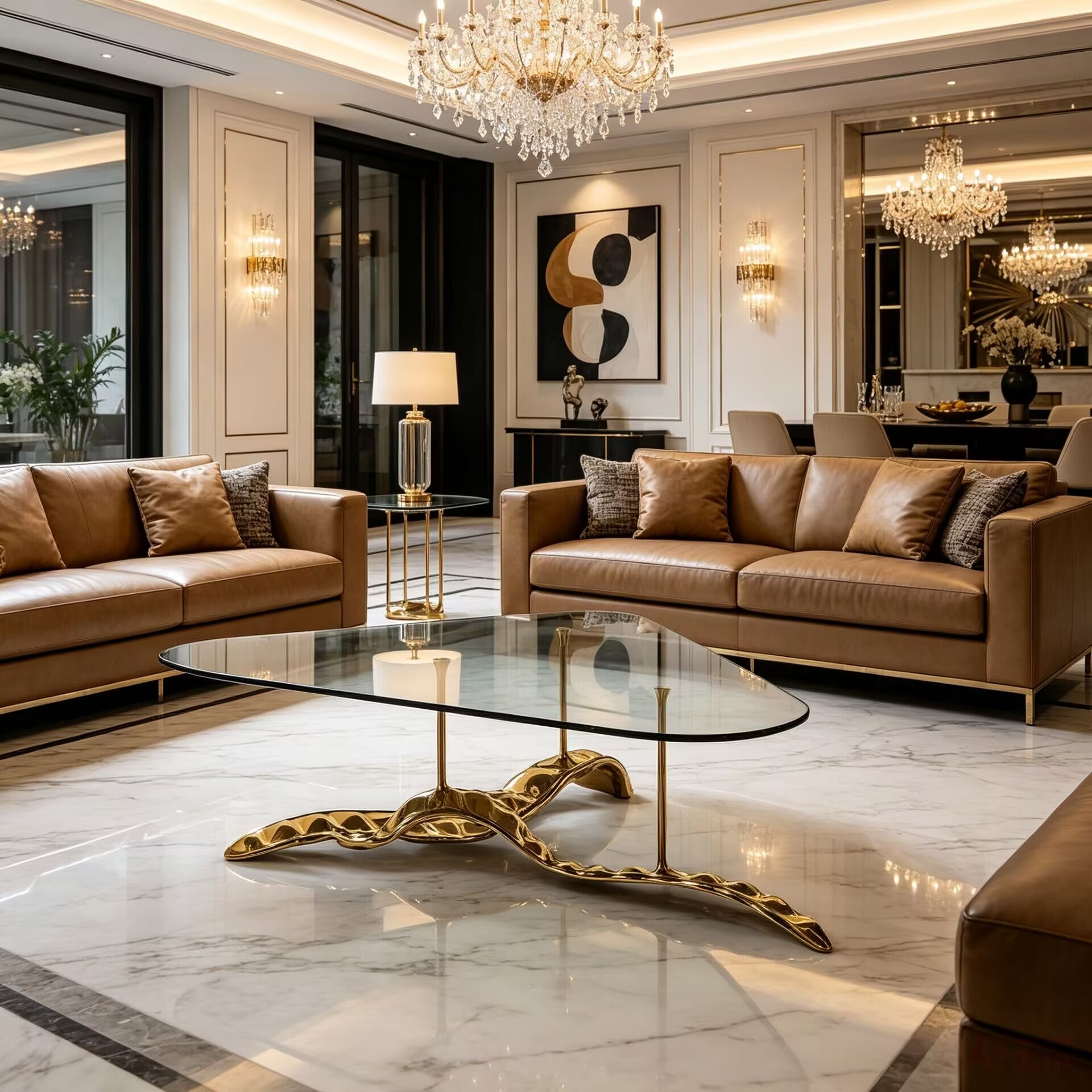 Rheedi Luxurious Artistic Brass Customize Tempered Glass Coffee Table