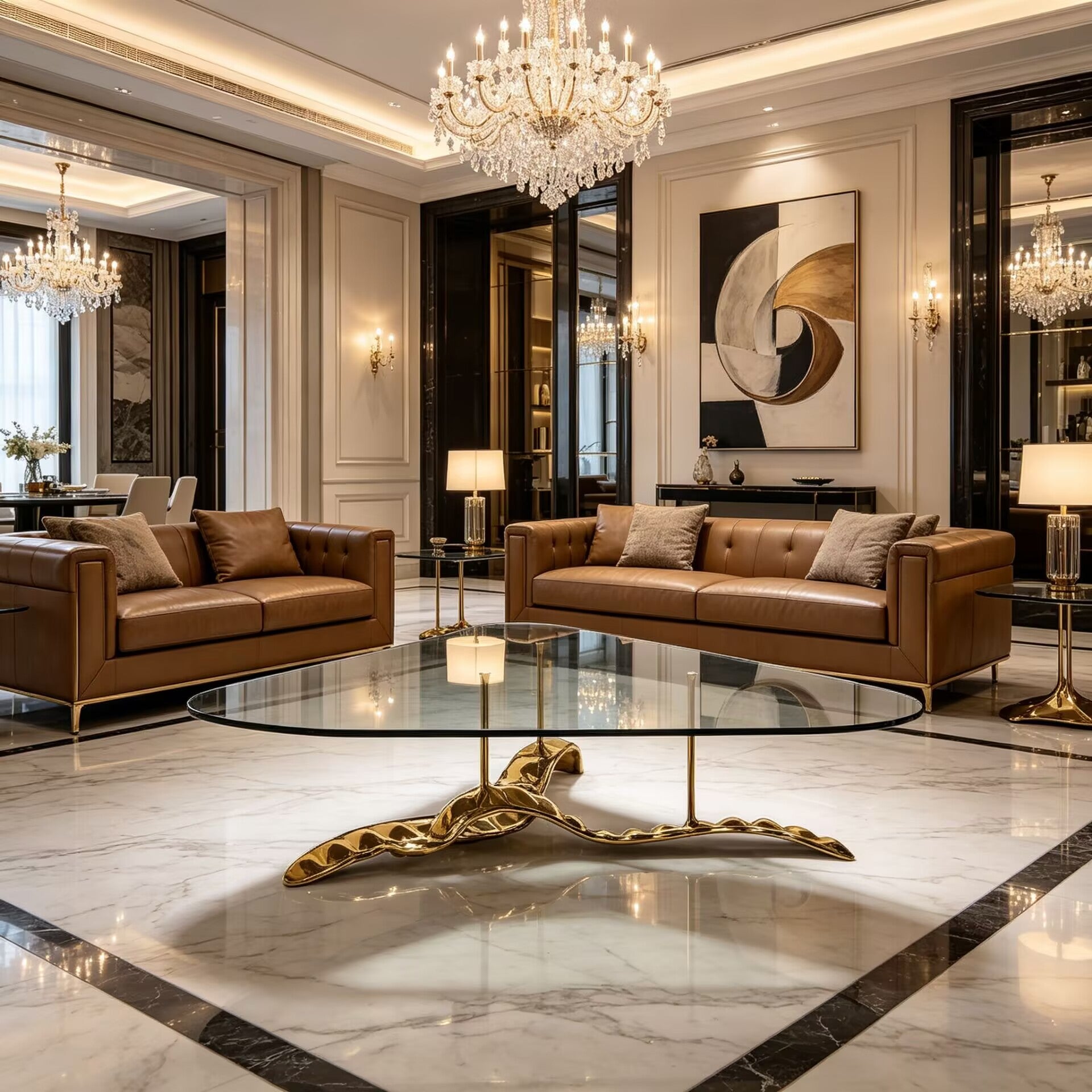 Rheedi Luxurious Artistic Brass Customize Tempered Glass Coffee Table
