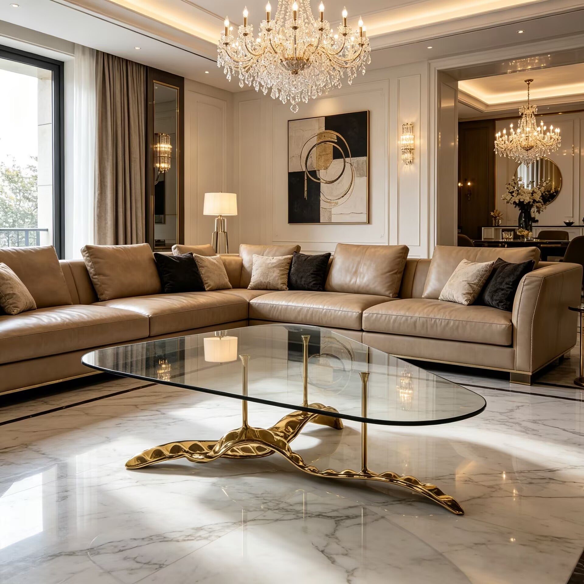 Rheedi Luxurious Artistic Brass Customize Tempered Glass Coffee Table