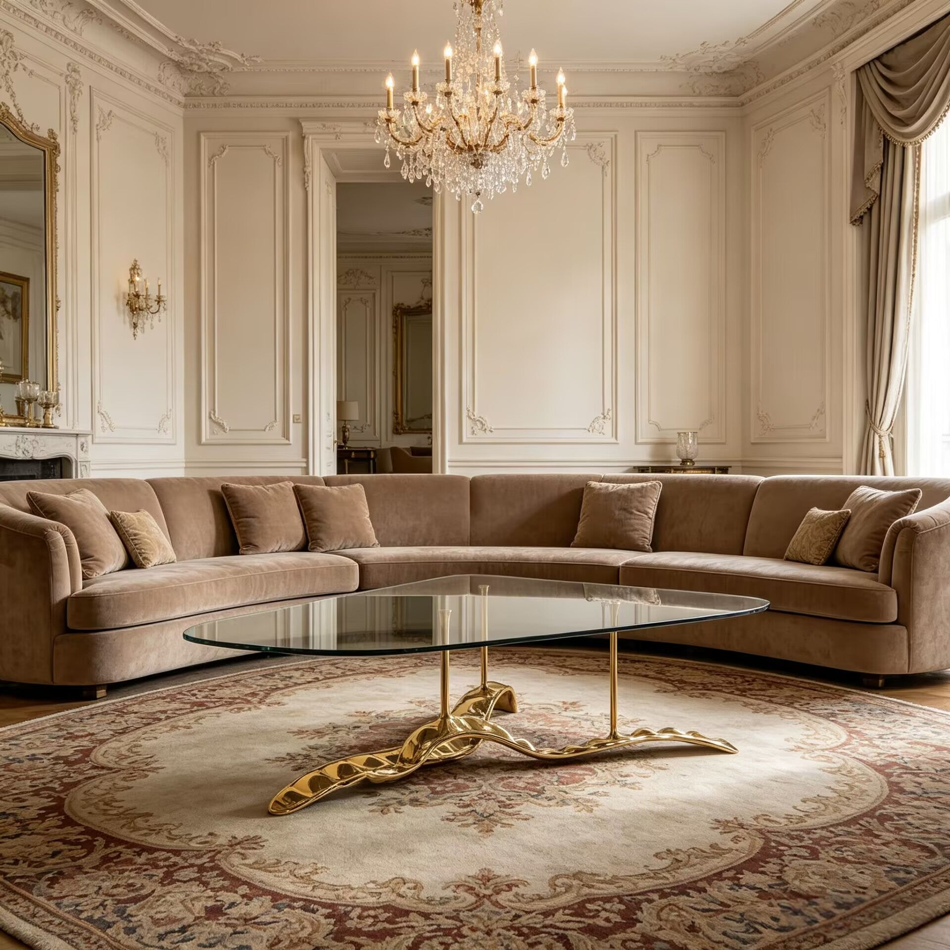 Rheedi Luxurious Artistic Brass Customize Tempered Glass Coffee Table