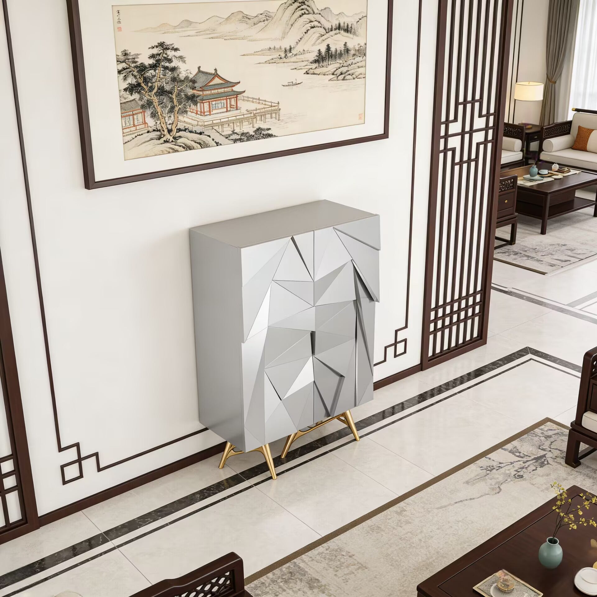 Rosalia Living Room Geometric Creativity Solid Wood Wine Cabinet