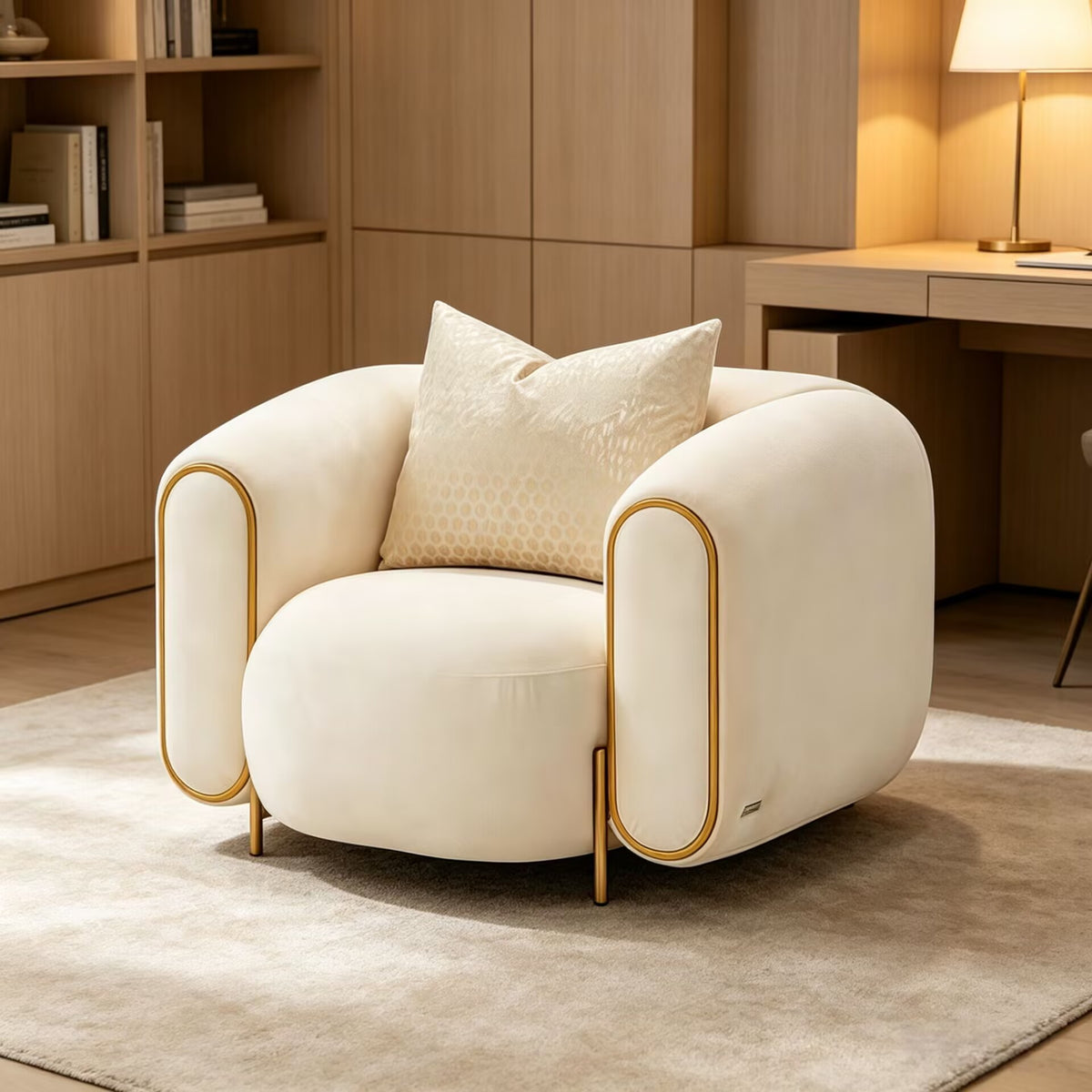 Sassani Accent Luxurious Artistic Metal Off White Fabric Sofa Chair