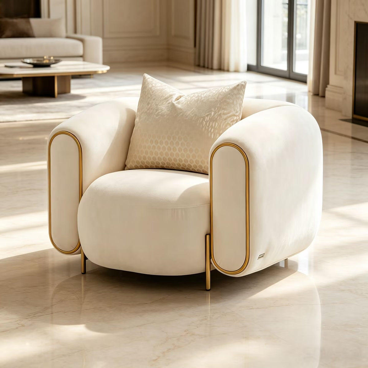 Sassani Accent Luxurious Artistic Metal Off White Fabric Sofa Chair
