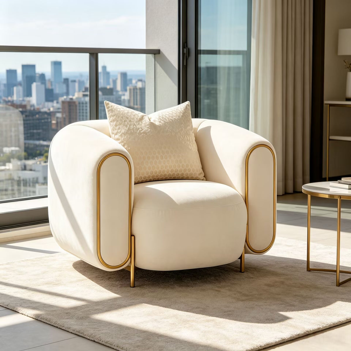 Sassani Accent Luxurious Artistic Metal Off White Fabric Sofa Chair