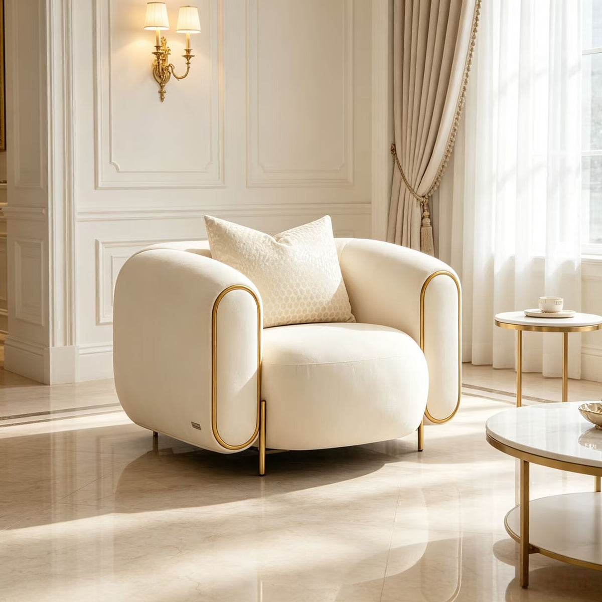Sassani Accent Luxurious Artistic Metal Off White Fabric Sofa Chair