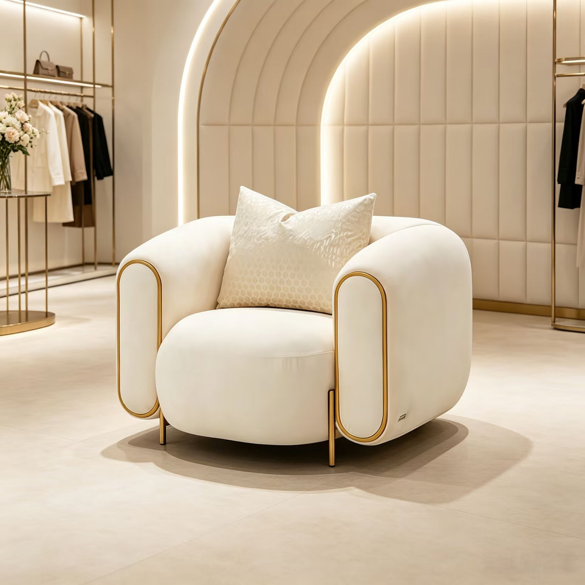 Sassani Accent Luxurious Artistic Metal Off White Fabric Sofa Chair
