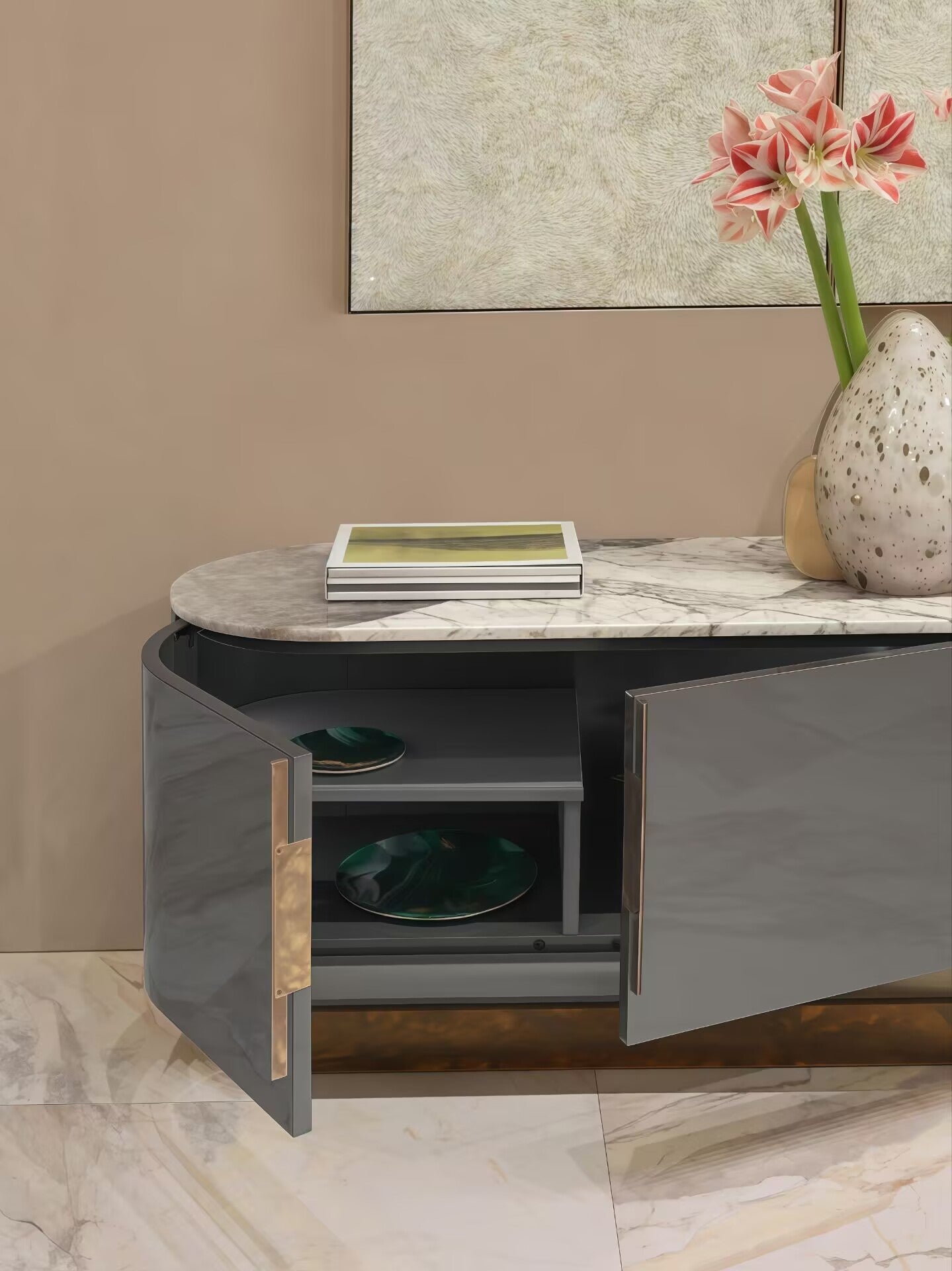 Siona Modern Artistic Solid Wood High End Marble Side Cabinet