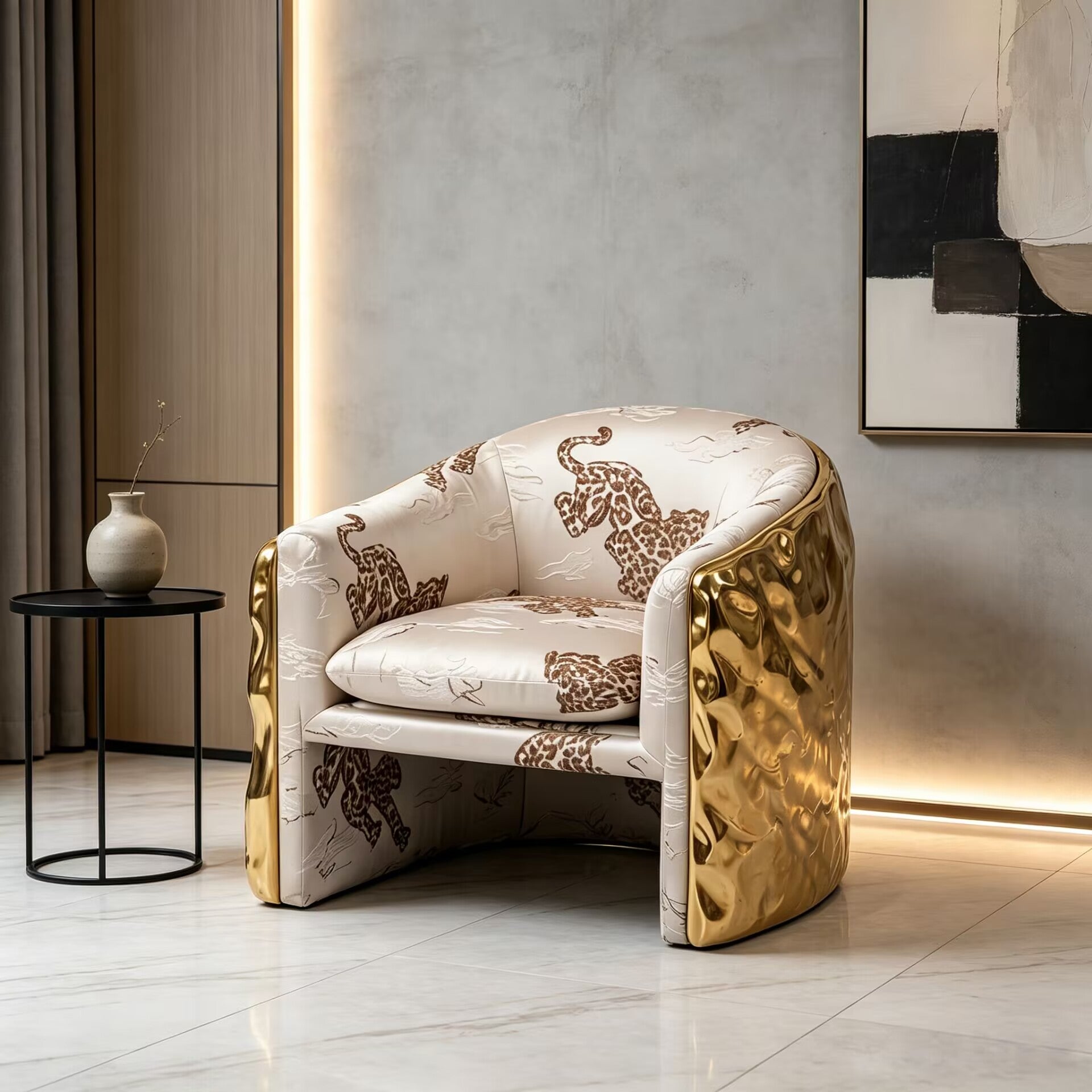 Upscale Designer Living Room Art Brass Fabric Leopard Print Sofa Chair