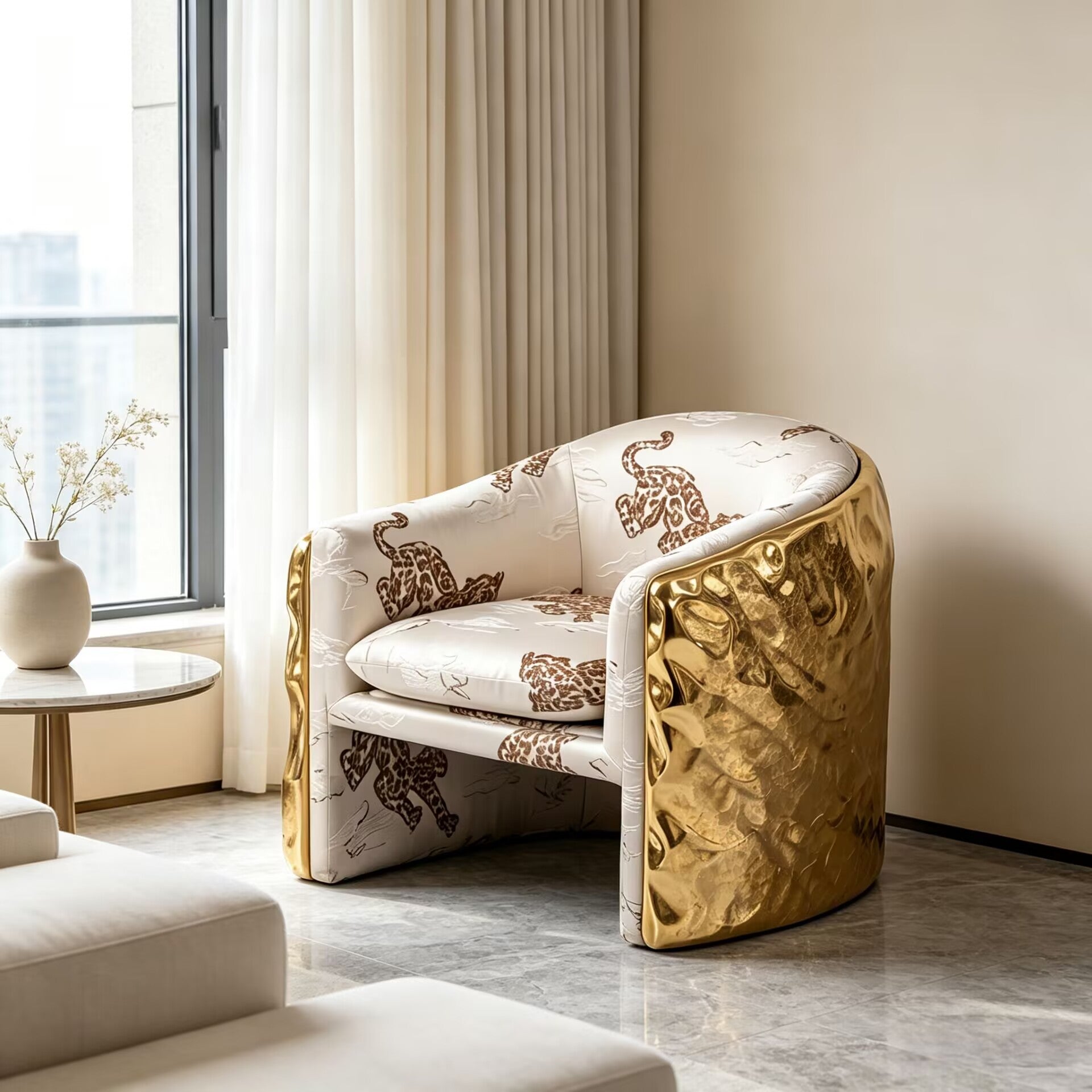 Upscale Designer Living Room Art Brass Fabric Leopard Print Sofa Chair