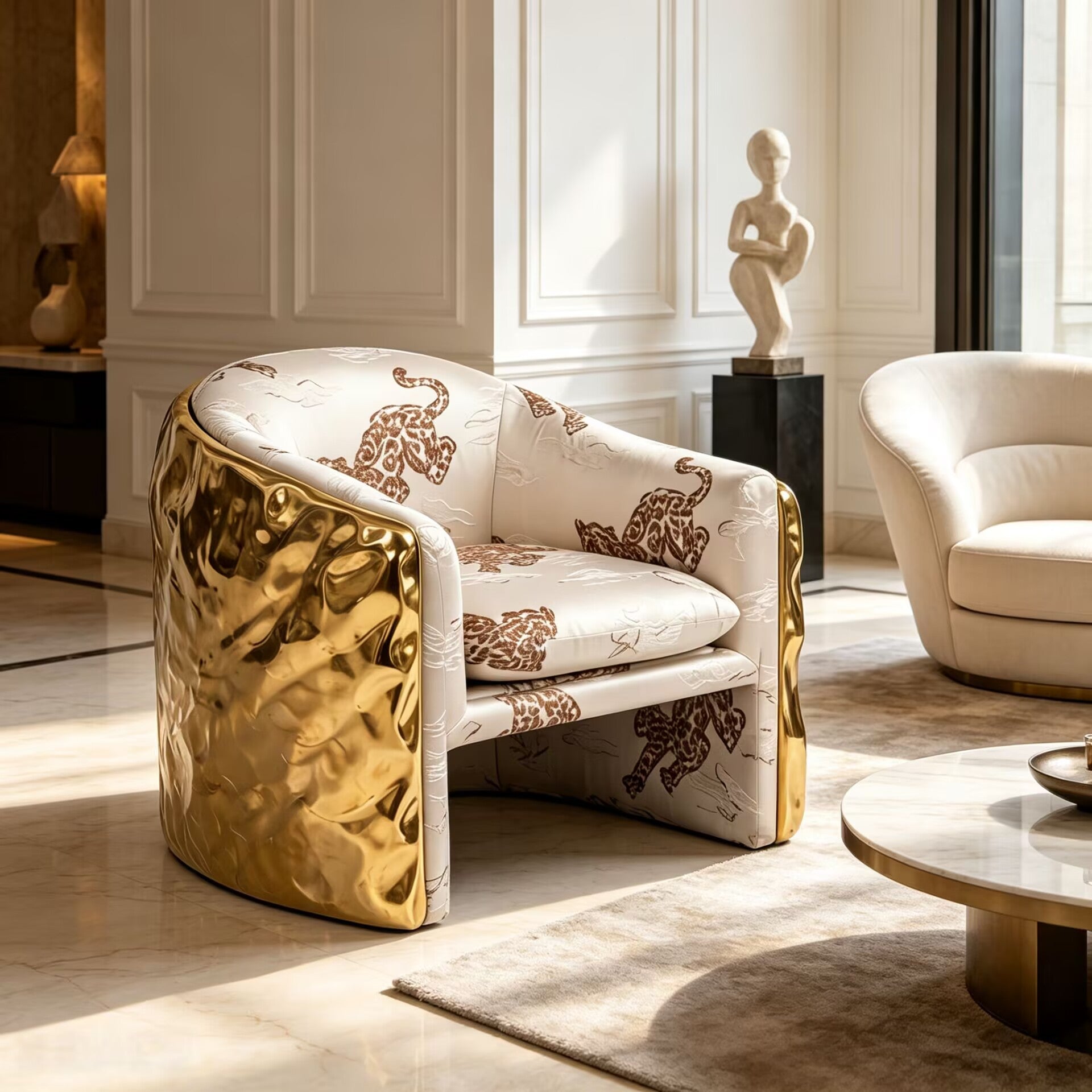 Upscale Designer Living Room Art Brass Fabric Leopard Print Sofa Chair