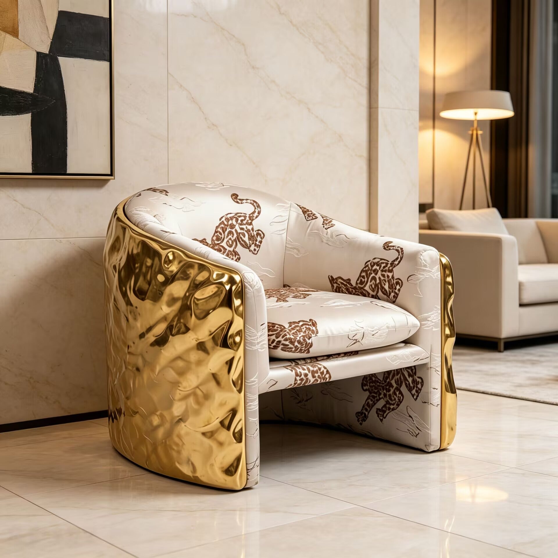 Upscale Designer Living Room Art Brass Fabric Leopard Print Sofa Chair