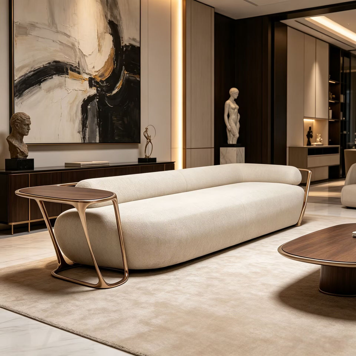 Villa Living Room Minimalist Designer Straight Off White Fabric Sofa