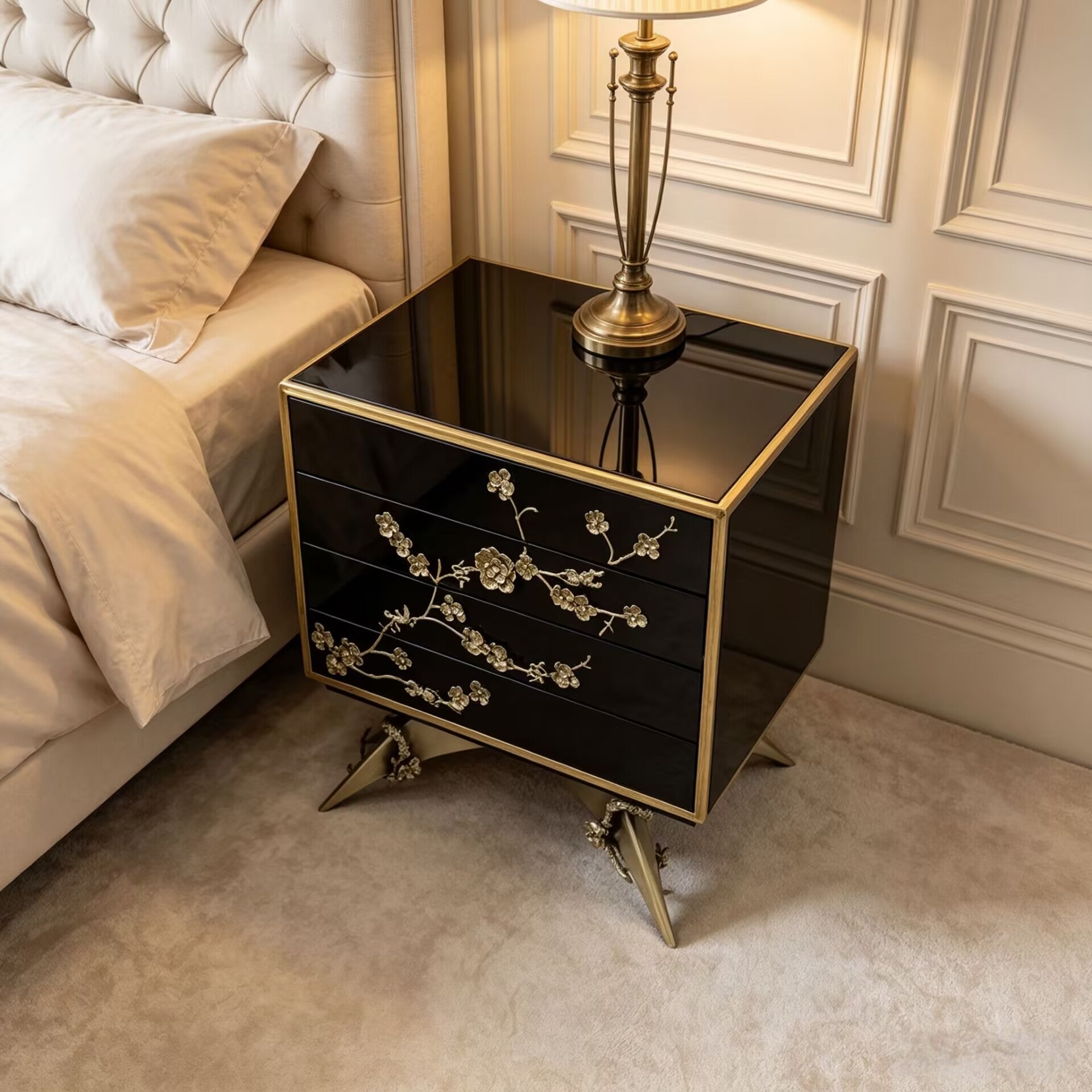Spellbound Unique Art Metal Carving Fritillaria Lcquer Nightstand