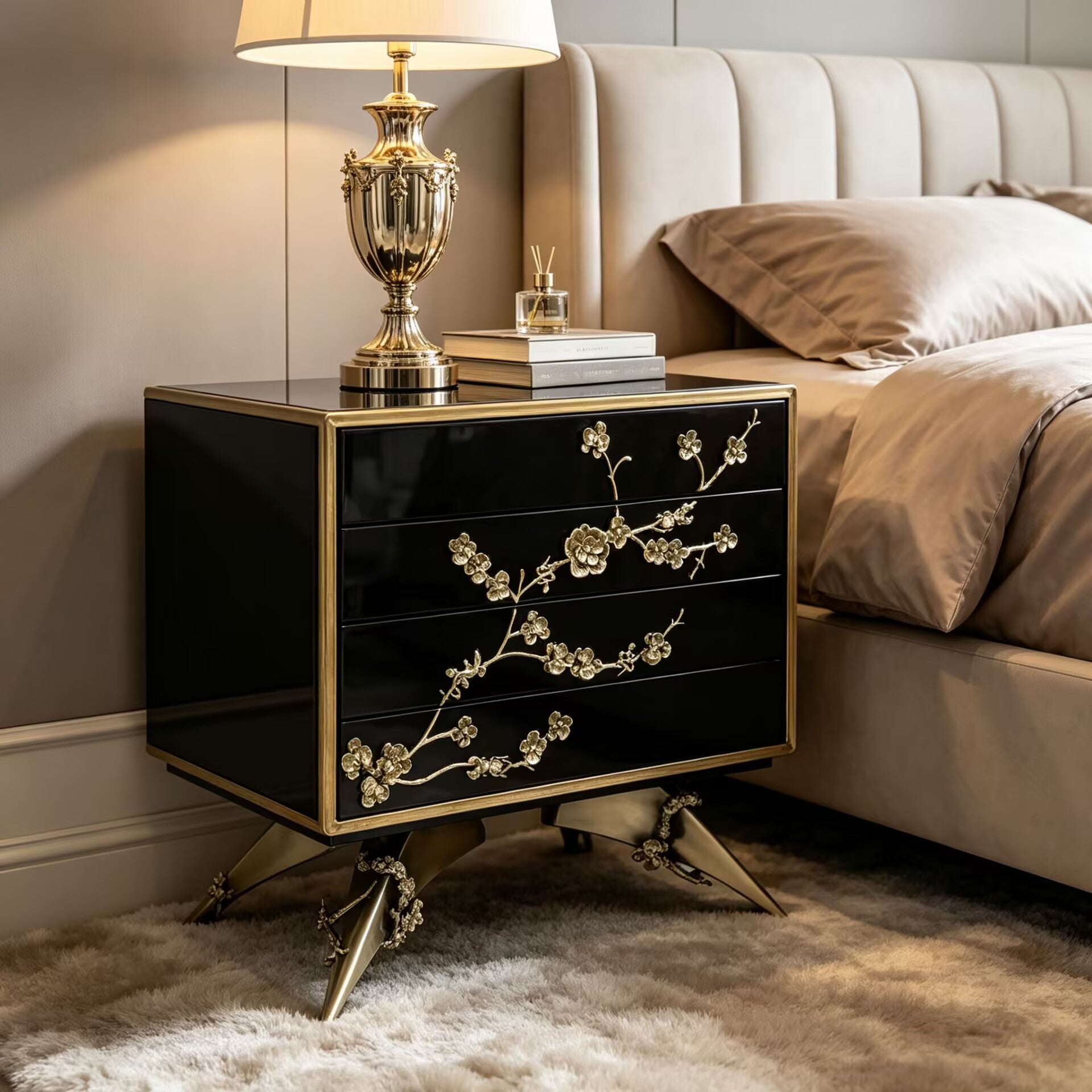 Spellbound Unique Art Metal Carving Fritillaria Lcquer Nightstand