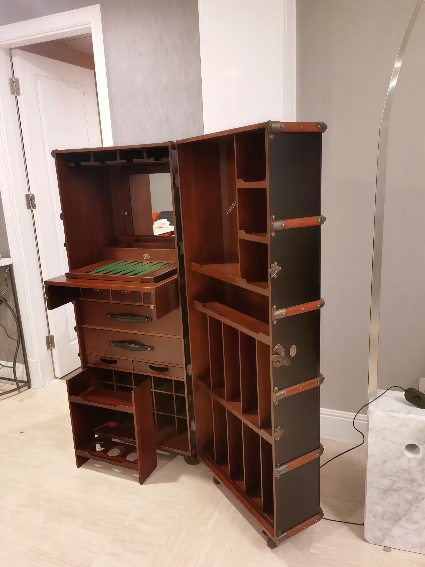 Stateroom Villa Upscale Leather Mobile Solid Wood Wine Cabinet