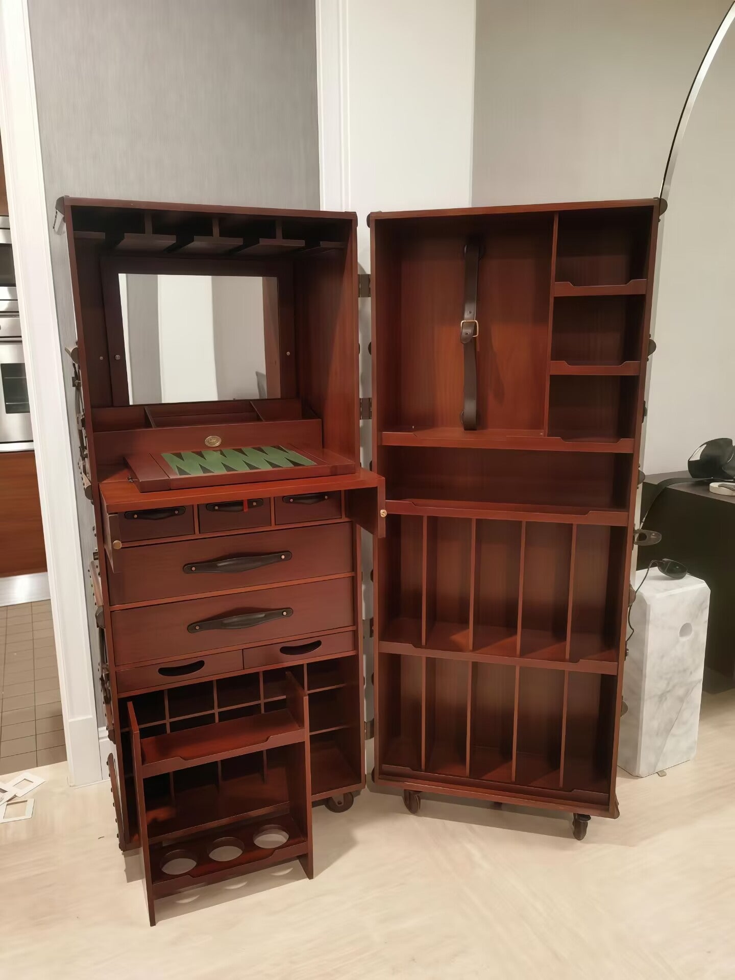 Stateroom Villa Upscale Leather Mobile Solid Wood Wine Cabinet