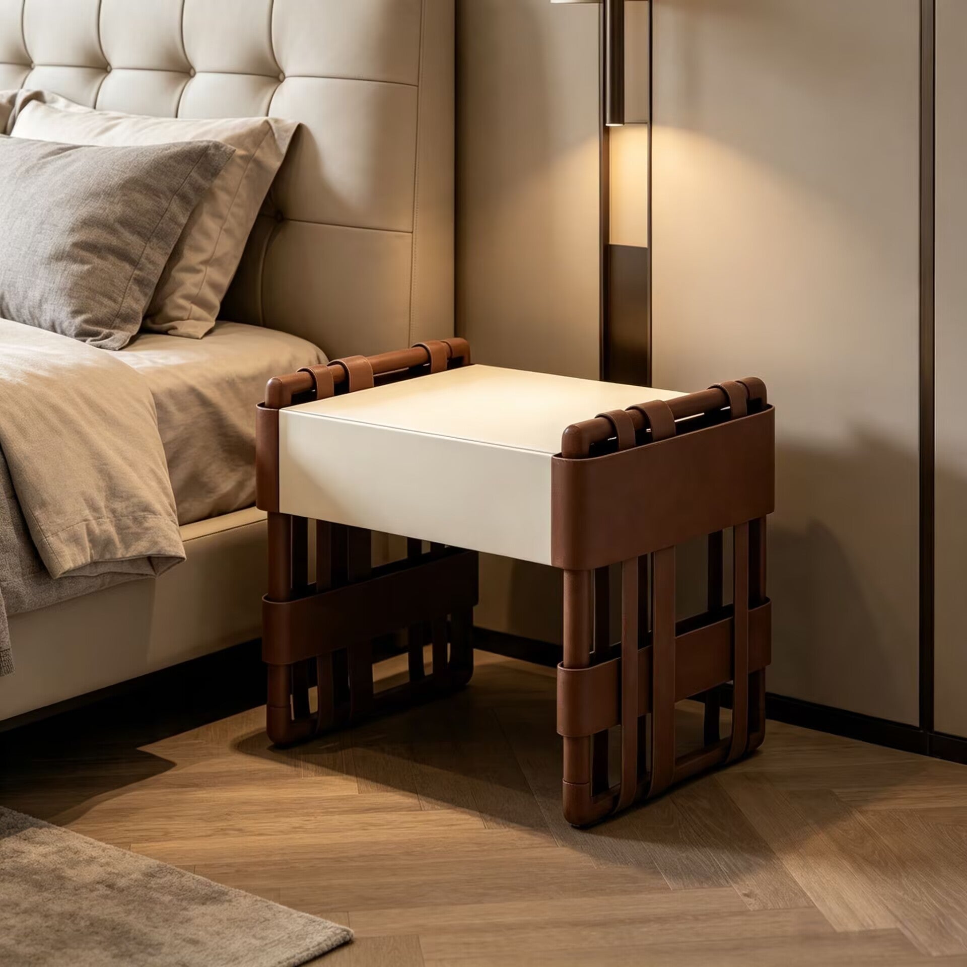 Toby High-End Leather Creative Minimalism Solid Wood Bedside Table
