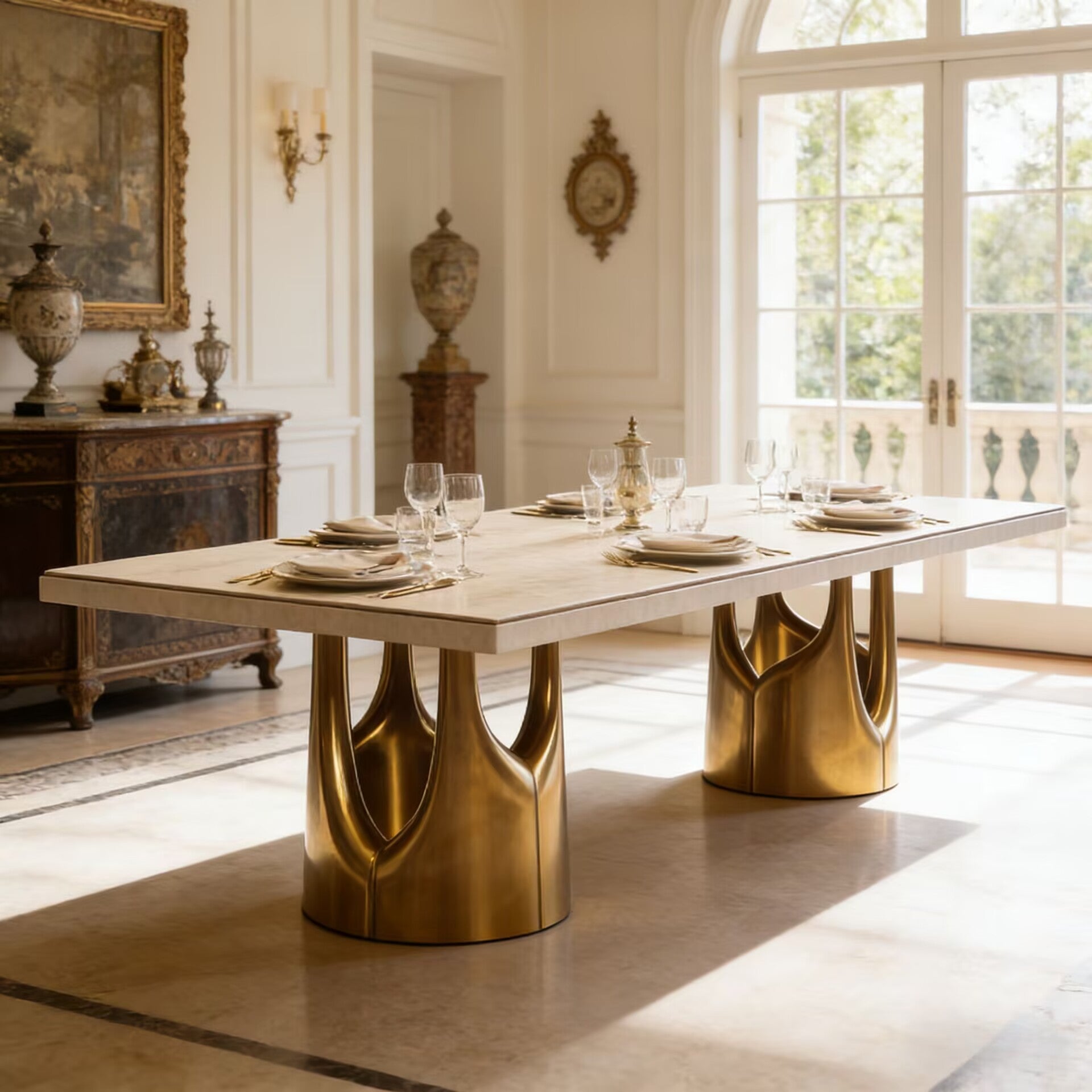 Triptych I Minimalism Stainless Steel Solid Wood Dining Table