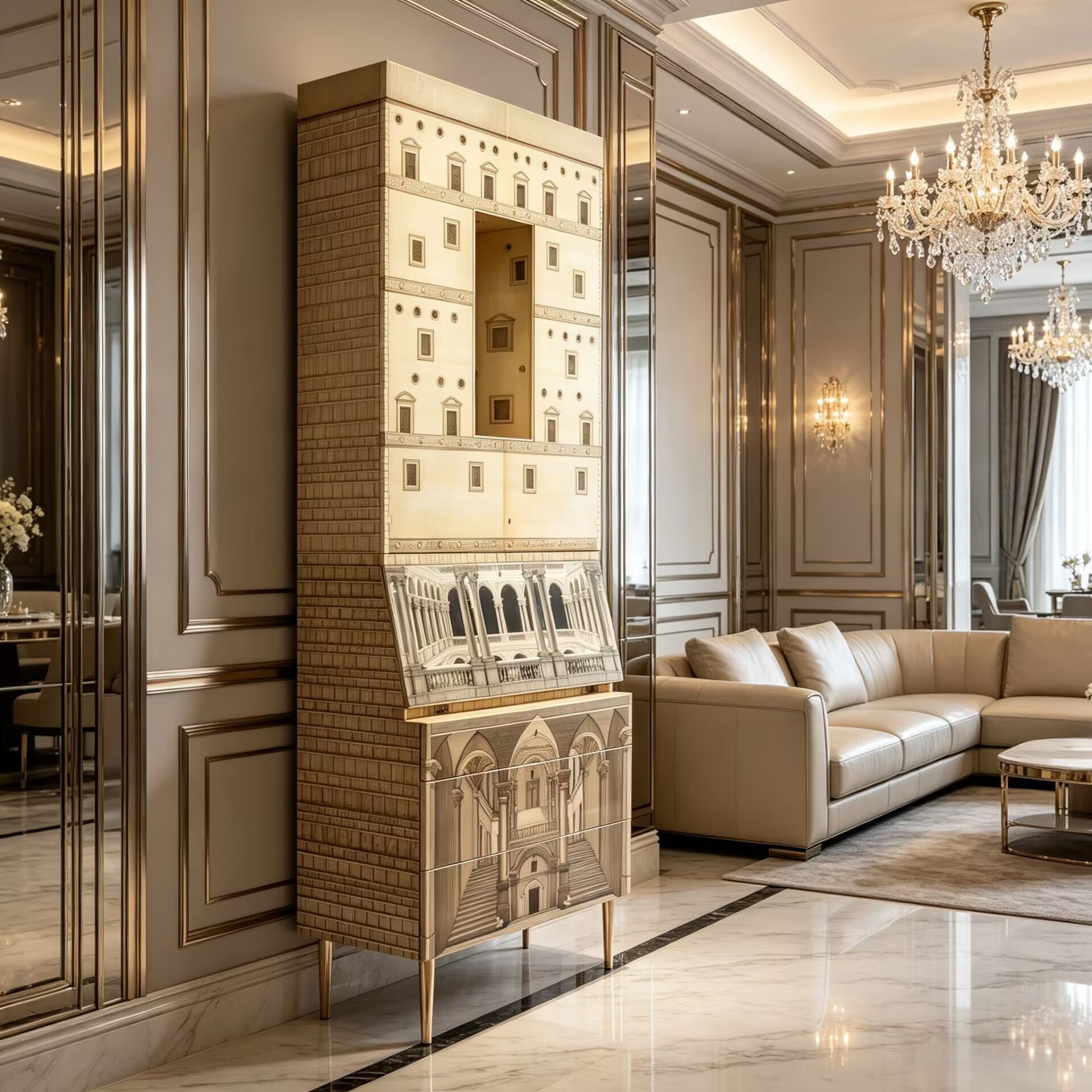 Trumeau Villa Artistic Hand-Drawn Solid Wood Wine Cabinet