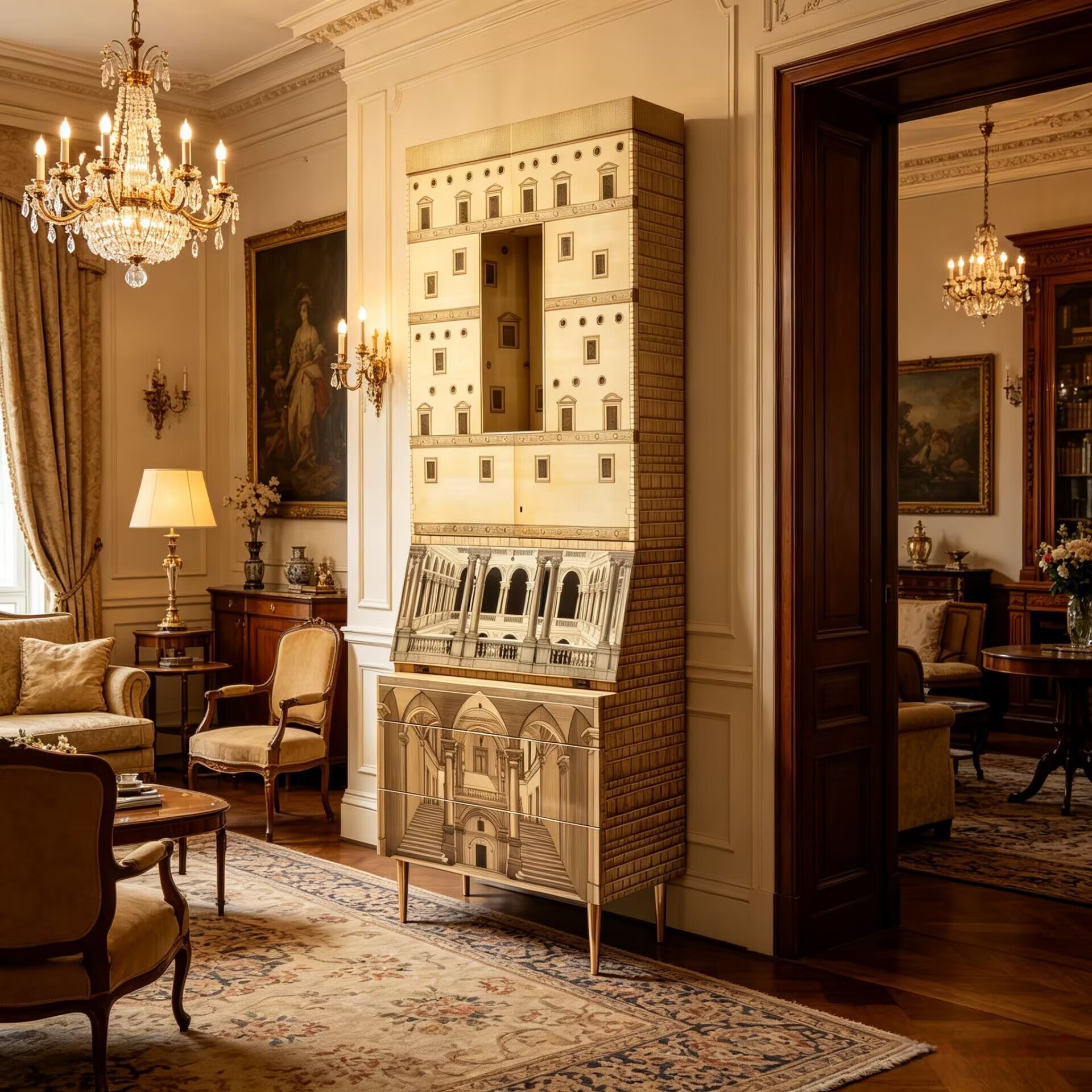Trumeau Villa Artistic Hand-Drawn Solid Wood Wine Cabinet