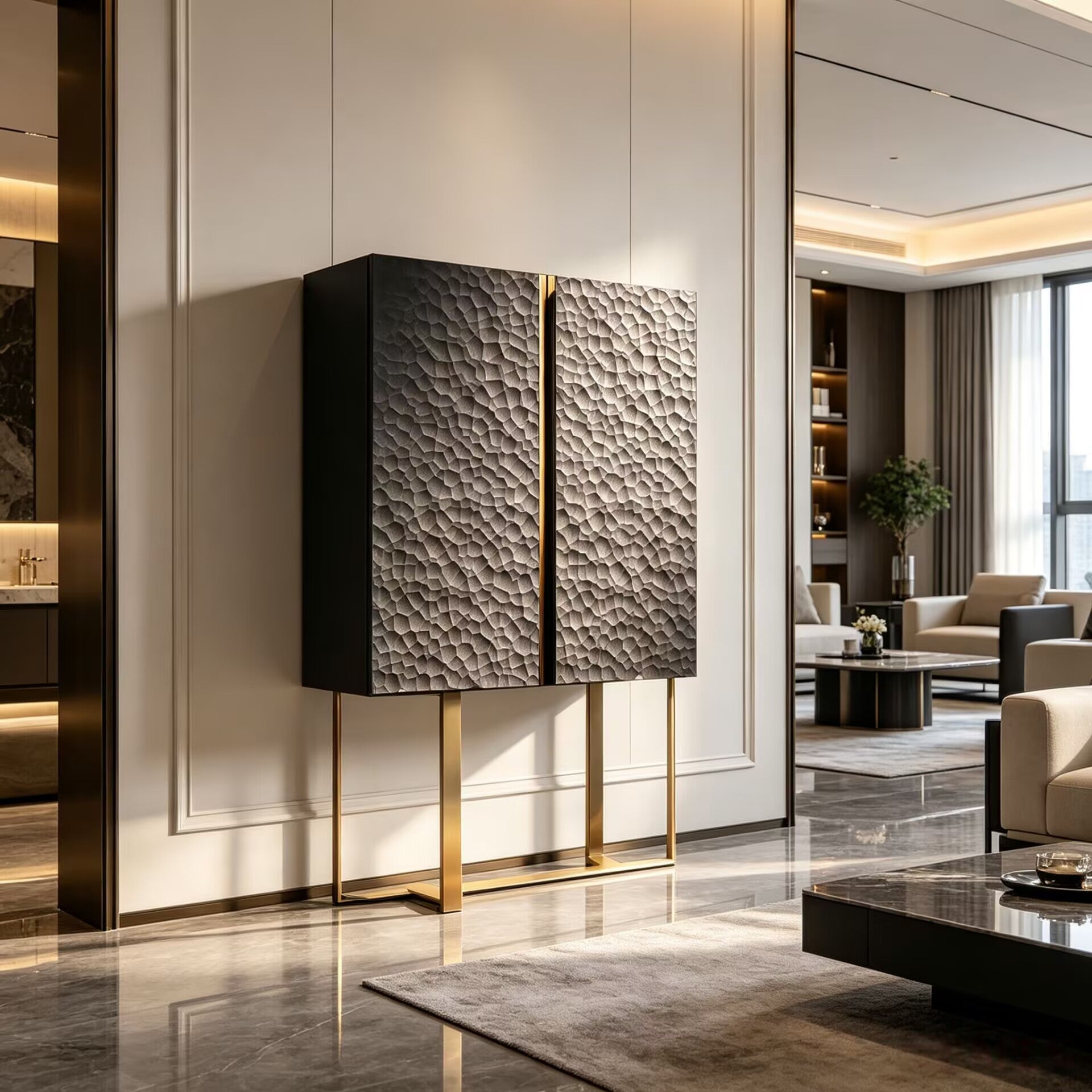 Luxury Villa Living Room High-End Solid Wood Bas-Relief Wine Cabinet