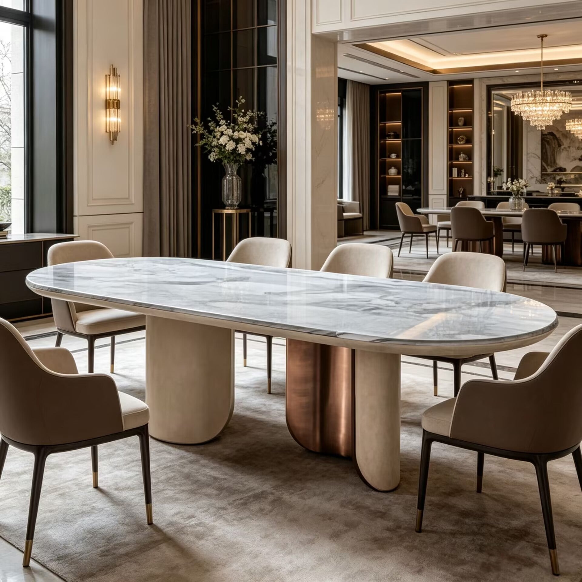 Wing Luxurious Designer Villa Metal Marble Oval Dining Table