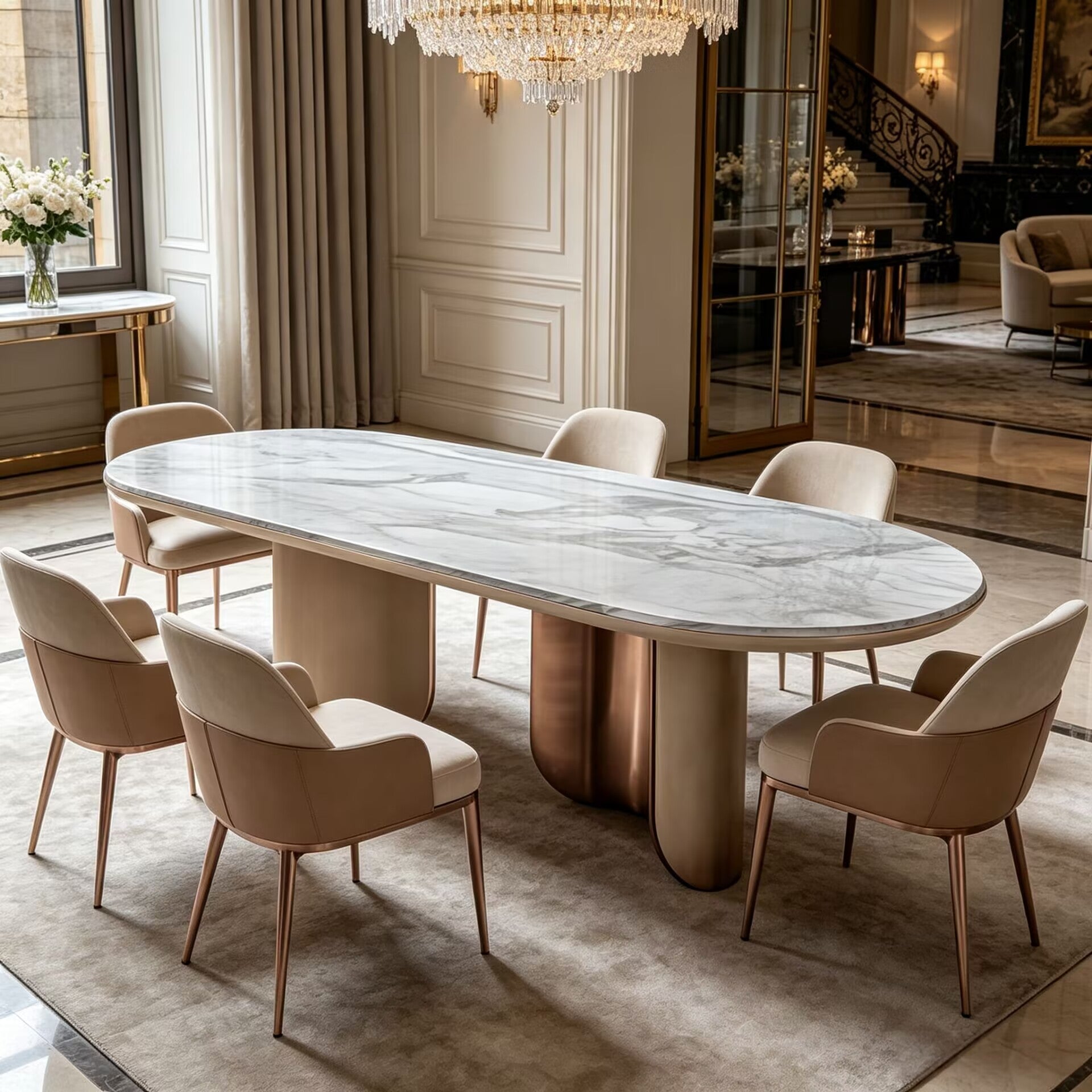 Wing Luxurious Designer Villa Metal Marble Oval Dining Table