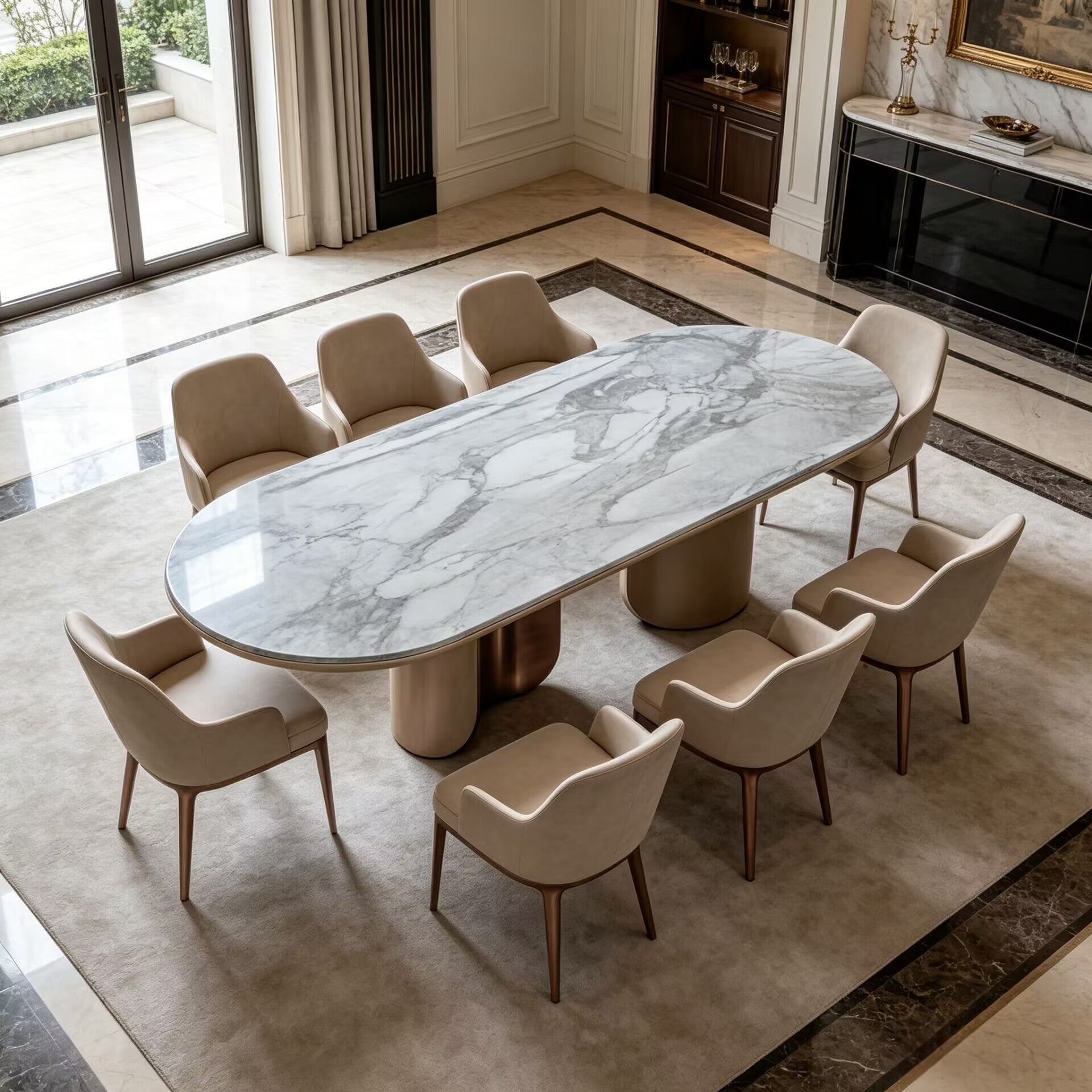 Wing Luxurious Designer Villa Metal Marble Oval Dining Table