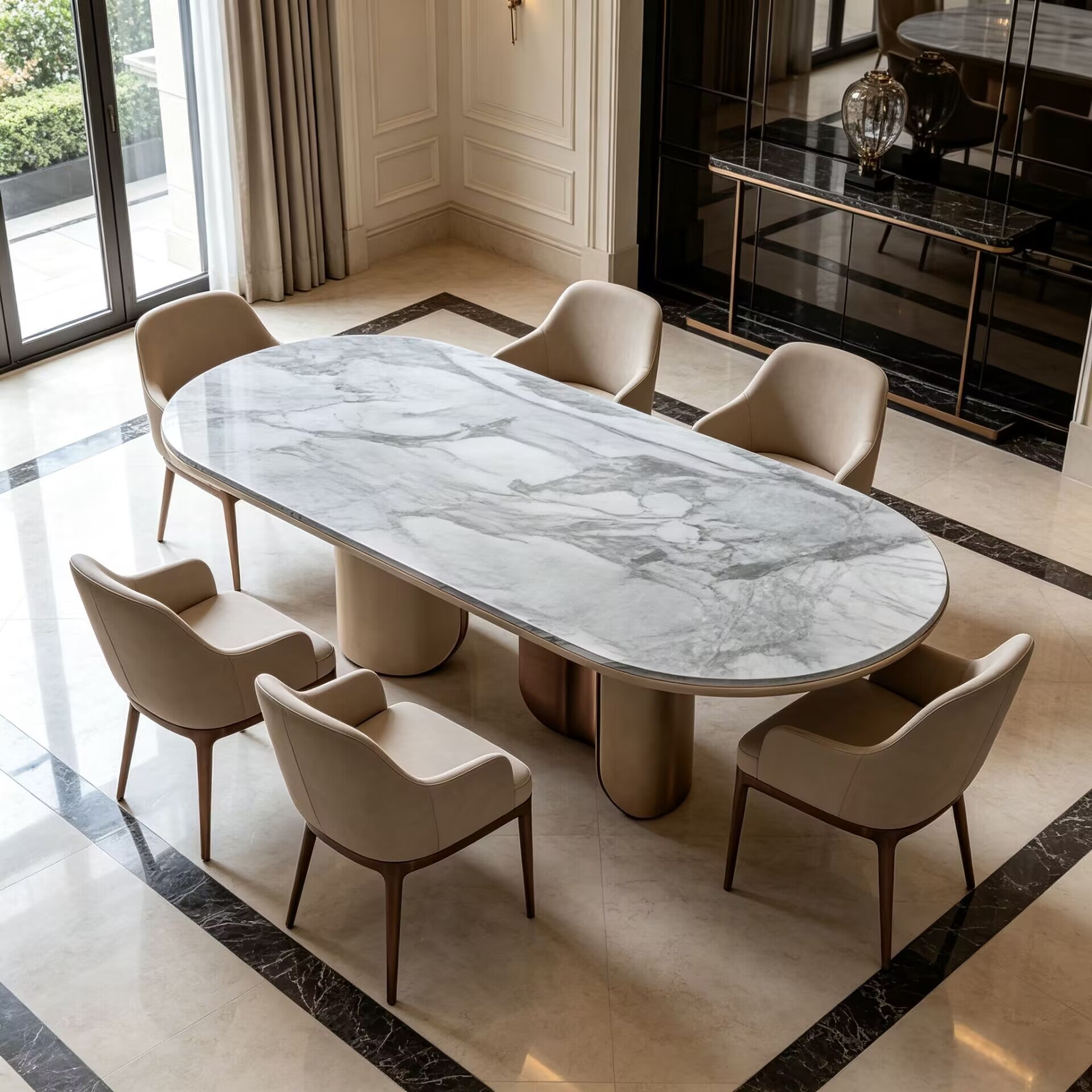 Wing Luxurious Designer Villa Metal Marble Oval Dining Table